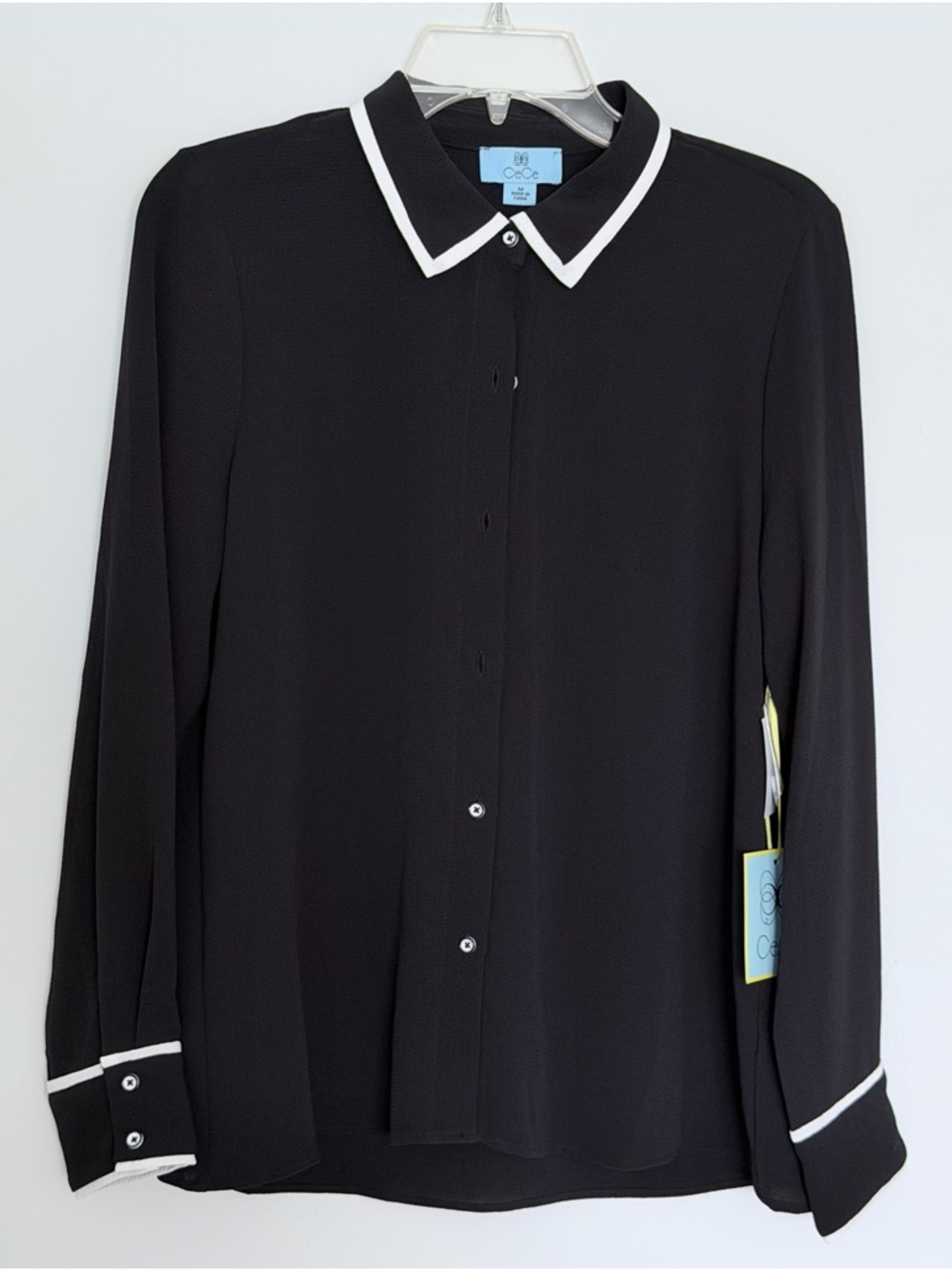 CeCe Black Blouse with White Piped Collar